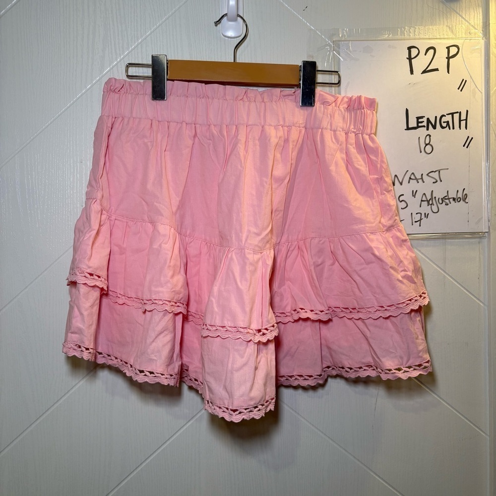 Pink‎ Boho Ruffle Skort Tiered Eyelet Trim Mini Skirt Coquette Cottagecore M - Picture 2 of 7